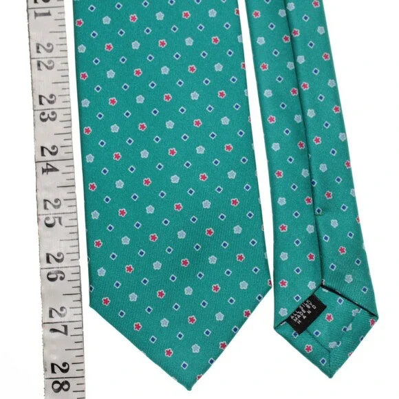 Drake's NWT Neck Tie in Teal Green with Red & Blue Geometric Pattern 100% Silk